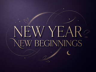 Obraz premium New Year New Beginnings elegant golden text against a deep purple textured background with subtle swirls