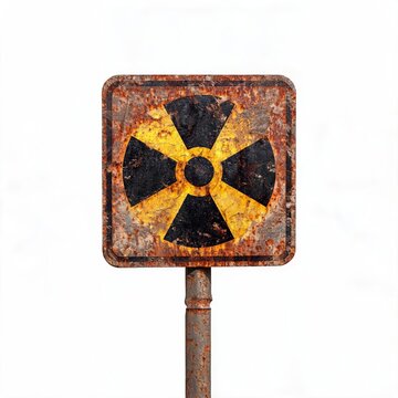 Close-up of a heavily rusted radiation warning sign with a prominent yellow and black nuclear symbol on an old metal pole, isolated on a white background. Grunge texture, danger concept.