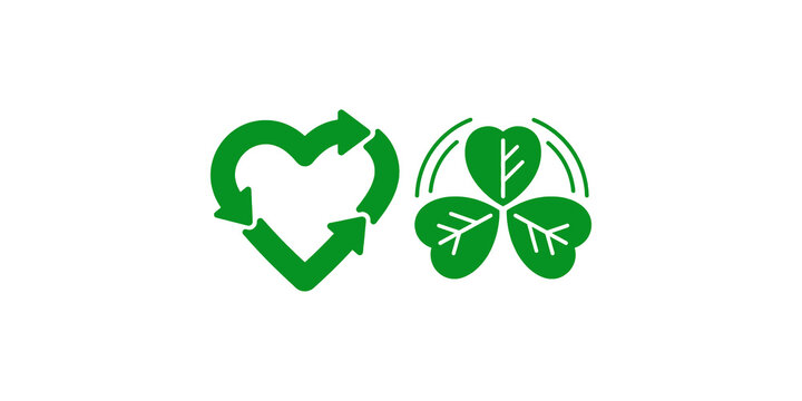 Green recycling heart and triple leaf recycle icon set.