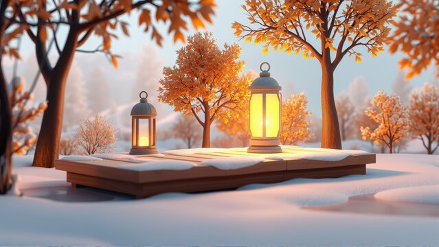 Winter scene. Wooden platform holds glowing lanterns amid snow, orange trees surround quiet landscape. Soft light creates cozy mood.