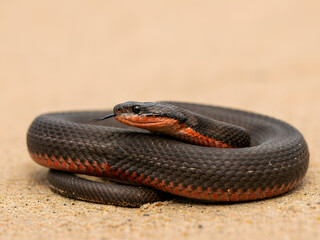Obraz premium Ringneck snake coiled on sand with tongue out, wildlife reptile in natural habitat