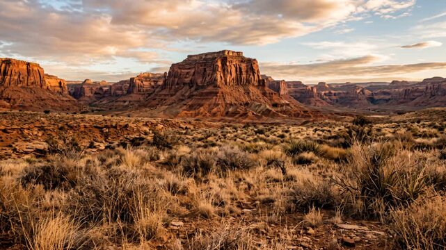 Wild West desert landscape, featuring majestic rocky plateaus rising from the arid terrain, 4K video