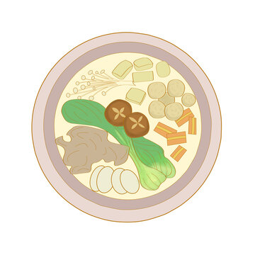 Digital illustration of top view Japanese hotpot nabe sukiyaki bowl with mushrooms and tofu isolated on transparent background