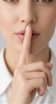 Face of a young woman with her index finger on her lips, making a shushing and silence gesture to keep a secret, for advertising security, data protection, secrecy, privacy, and non-disclosure