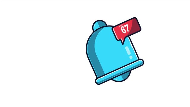 Blue notification bell icon animation featuring an incoming message counter badge increasing from 0 to 100. Ideal for unread message alerts, social media notifications, email notifications, app interf