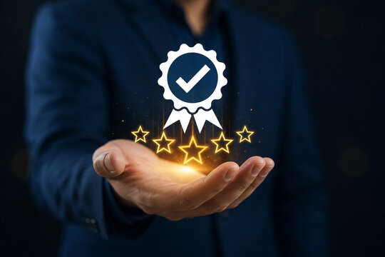 Businessman holding a glowing gear with a checkmark and five stars, symbolizing quality assurance, customer satisfaction, service excellence, and professional business success on a dark background.
