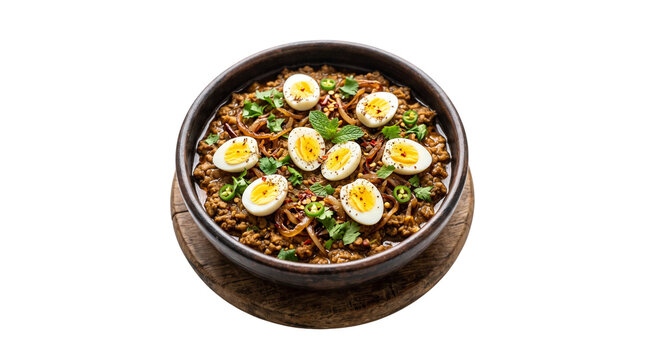 Traditional Filipino Sisig with quail eggs in clay pot, savory minced pork dish on wooden board, authentic Asian cuisine isolated on white