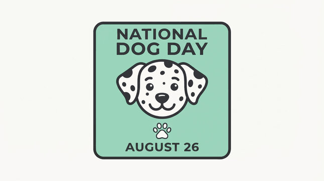 Retro National Dog Day badge design featuring cute Dalmatian dog head illustration on mint green background, celebration graphic for August 26, vintage label with paw print icon