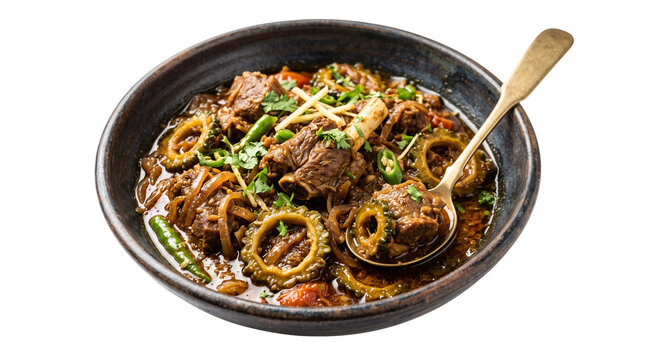 Traditional mutton and bitter gourd curry in ceramic bowl. Savory lamb stew with karela and spices. Authentic Indian meat dish isolated on white.