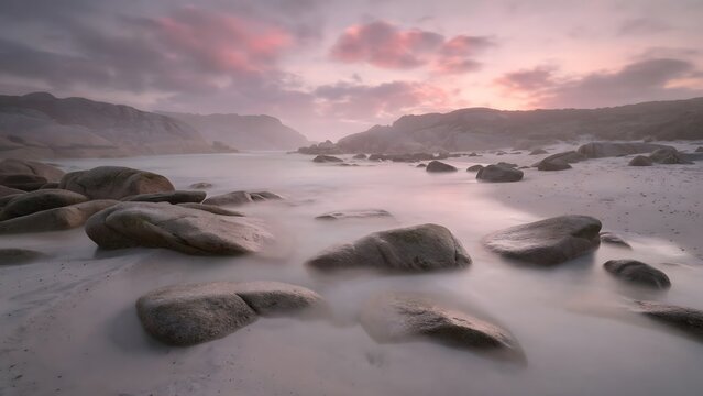 A breathtaking coastal panorama reveals smooth, serene waters gently caressing ancient rocks on a secluded sandy beach under a captivating pastel twilight sky