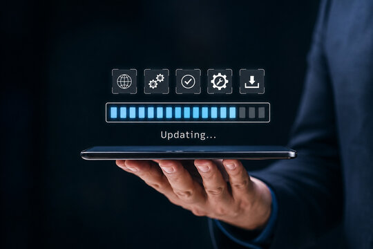 Update software application, upgrade technology. Software update or Operating system, patch update, updating progress bar, Install app patch, new version, Improved security, program downloading