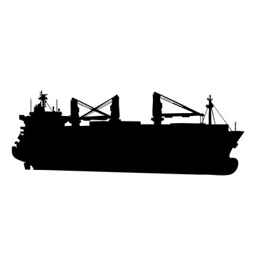Silhouette of a cargo ship with cranes industrial vessel for freight transport isolated on white bac