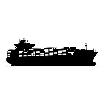 Silhouette of a cargo ship loaded with containers industrial freight transport vector illustration o