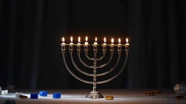 Hanukkah celebration with lit silver menorah and dreidels. Simcha holiday concept. Dark background with warm candlelight. Jewish festival of lights. Traditional artifacts and religious symbols.