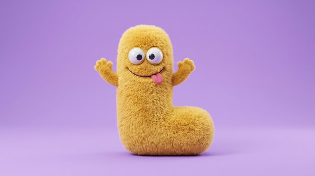 Playful yellow fuzzy monster character shaped like letter L sticking out tongue