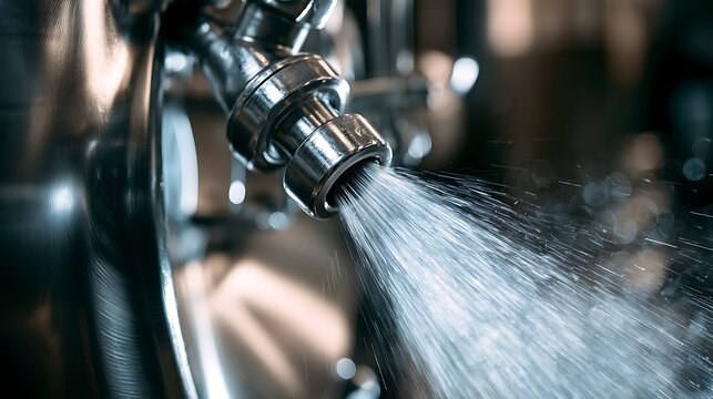 Close up of a metallic kitchen faucet spraying water.