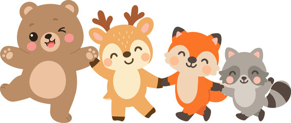 Fototapeta premium Forest Animal Friends Bear Deer Fox Raccoon Holding Hands