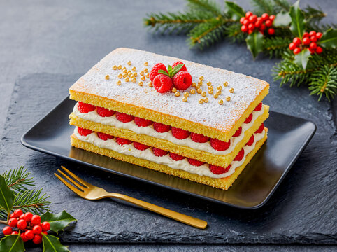 Layered sponge cake with cream and fresh raspberries decorated for Christmas