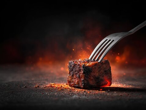 grilled meat on fork with smoke and flames