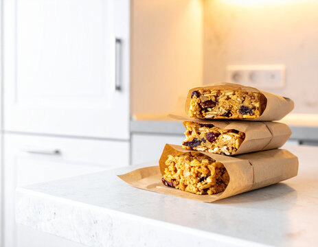 Sheets of brown compostable snack paper are wrapped around homemade granola bars on a light-colored stone kitchen island.