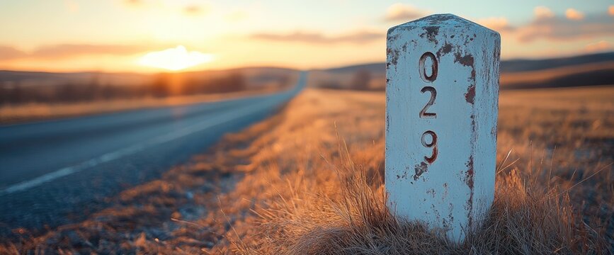 Sunset over rural road with milestone marker