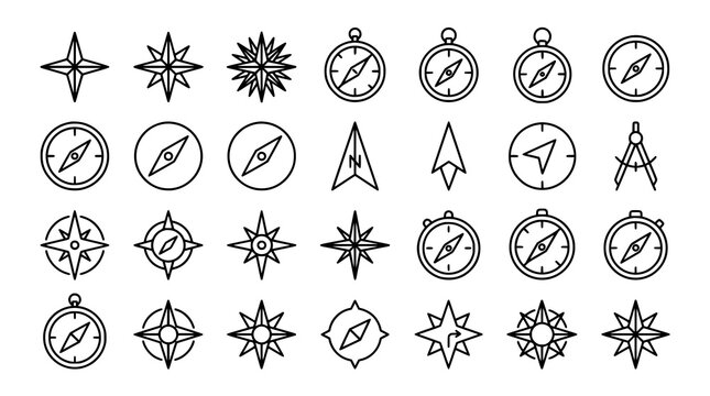 Modern Compass Wind Rose Line Icons with Direction Navigation Nautical Travel Editable Stroke Vector Set