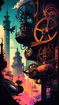 Intricate steampunk towers with large gears and clockwork.