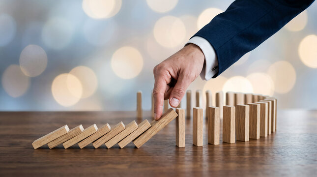 Hand in a suit starting a domino effect chain reaction, symbolizing risk, strategy, and consequences in business or planning.