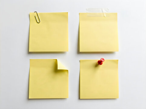 Four yellow sticky notes with paperclip and push pin isolated on transparent background