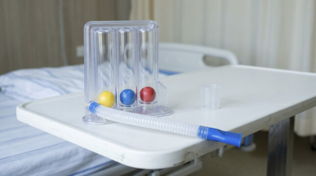 Incentive spirometer device on a bedside table in a hospital room.