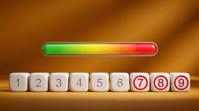 Rating scale with cubes numbered 1-9 and a progress bar from green to red, symbolizing evaluation, feedback, and performance.