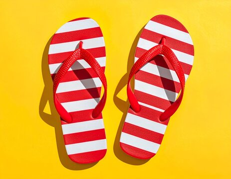 Overhead shot of two red and white striped flip-flops on a vibrant yellow background (1)