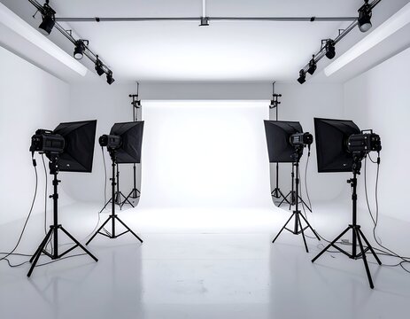 Empty white photography studio with various lights on stands and overhead