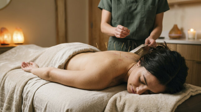 Patient receiving acupuncture treatment on her back in a relaxing spa