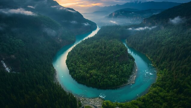 World Rivers Day concept with stunning winding river and green mountains
