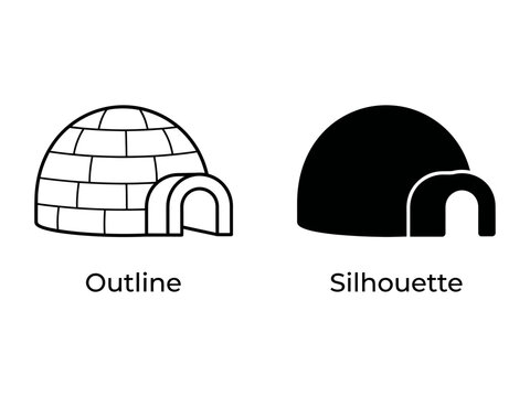 Igloo Outline and Silhouette: Two distinct representations of an igloo, one as a detailed outline and the other as a solid silhouette, showcasing its iconic dome shape and entrance