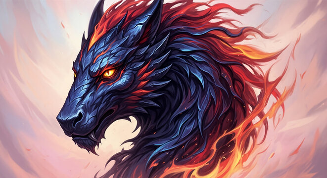 Fierce wolf head with fiery mane and dark, textured scales, symbolizing power, intensity, and primal energy, ideal for fantasy or gaming themes