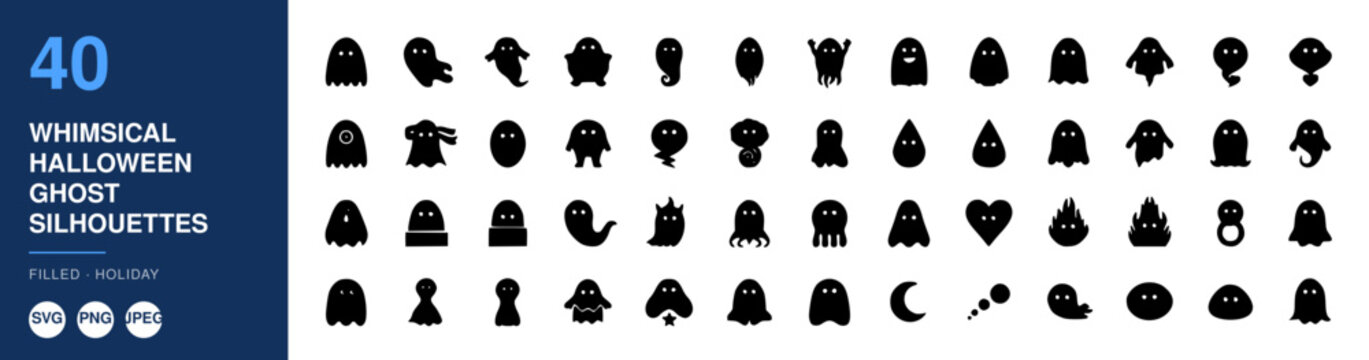 Ghost Silhouettes Collection of Whimsical Halloween Icons Arranged in Rows for Festive Design and Nameplate Decor