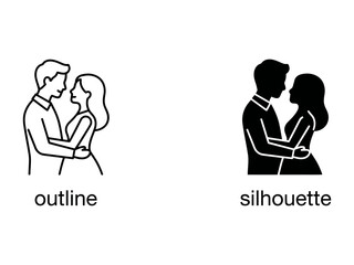 Fototapeta premium Couple Embracing: A romantic illustration depicts a couple in a tender embrace, presented in both outline and silhouette styles, symbolizing love and connection.
