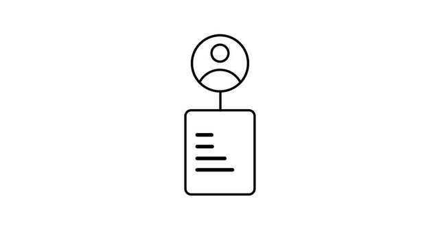 Line icon of a user profile connected to a document card representing personal file identification record and linked user account information overall