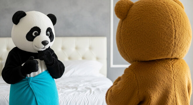 A panda costume character in a turquoise wrap stands near a teddy bear costume character, symbolizing friendship and playfulness in a cozy indoor setting