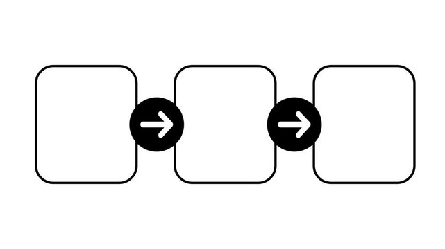 Line icon of three connected squares linked by right pointing arrows representing sequential process steps workflow stages and progression movement