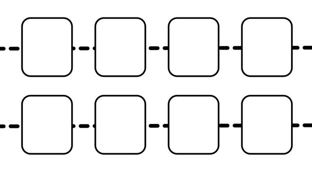 Line icon of eight connected squares arranged in two rows linked by dashed lines representing a network grid system map and overall data structure