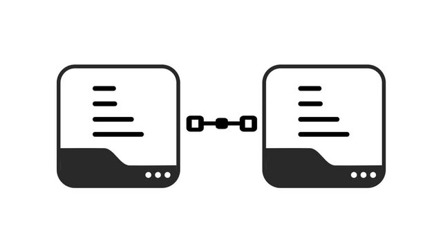 Line icon of two file cards connected by a chain link symbol representing linked documents shared data and overall file relationship connection here