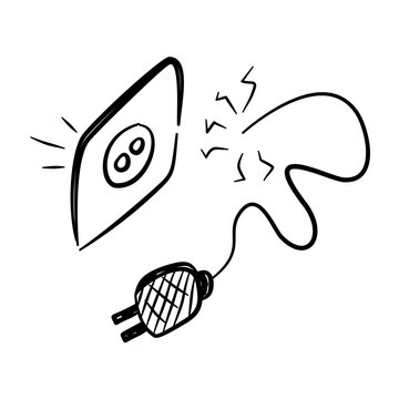 Hand drawn doodle sketch of electrical outlet and plug with cord