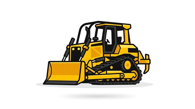 Yellow crawler bulldozer vector icon illustrating heavy construction machinery equipment for site development with graphic isolated against clean white background