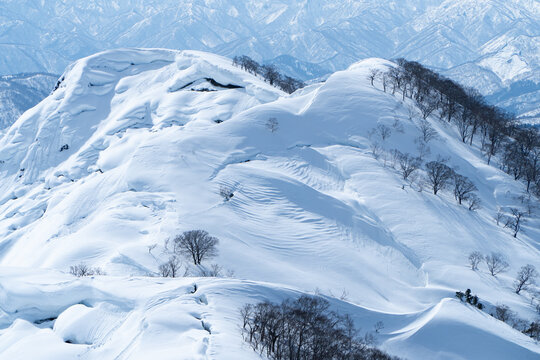 岐阜県 大日ヶ岳山頂から望む雪庇と雪紋が美しい冬山風景