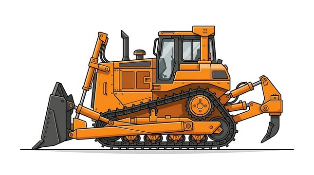 Orange tracked bulldozer heavy construction vehicle side view isolated vector illustration for industrial machinery design projects with bulldozer
