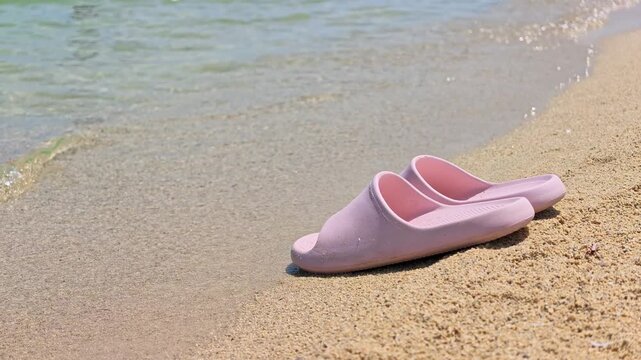 Pair of pink flip flops sits near tide line