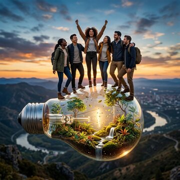 A vibrant and surreal landscape features a diverse group of joyful young people standing atop a giant, glowing light bulb floating above a scenic mountain valley at sunset. Inside the glass bulb, a lu